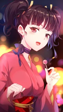 1girl bloom blunt_bangs breasts brown_hair candy choker collarbone festival floral_print food from_side holding holding_candy holding_food holding_lollipop japanese_clothes kimono lollipop looking_at_viewer medium_breasts nape night open_mouth pink_eyes pink_kimono purple_ribbon ribbon ribbon_choker sash short_kimono short_twintails smile solo twintails upper_body ttimiu koutetsujou_no_kabaneri mumei__kabaneri