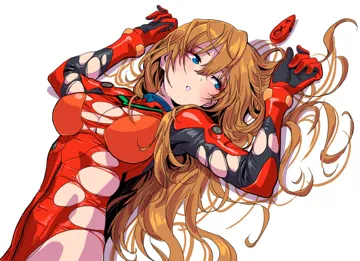 1girl aged_up blue_eyes bodysuit breasts brown_hair cleavage cowboy_shot dutch_angle evangelion__3_0_1_0_thrice_upon_a_time hairpods headgear interface_headset large_breasts long_hair lying mecha_pilot_suit on_back plugsuit rebuild_of_evangelion red_bodysuit science_fiction solo torn_bodysuit torn_clothes wardrobe_malfunction white_background yamashita_shun_ya neon_genesis_evangelion souryuu_asuka_langley