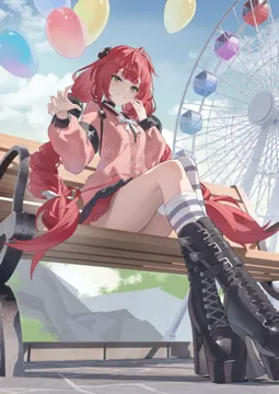 1girl balloon bench black_boots blue_sky boots braid cardigan cloud day ferris_wheel green_eyes lace_up_boots long_hair looking_at_viewer on_bench outdoors pink_cardigan red_skirt single_thighhigh sitting skirt sky smile solo sphere_hair_ornament striped_clothes striped_thighhighs thighhighs thighs twin_braids very_long_hair angel_no_shousou zenless_zone_zero ukinami_yuzuha__zenless_zone_zero