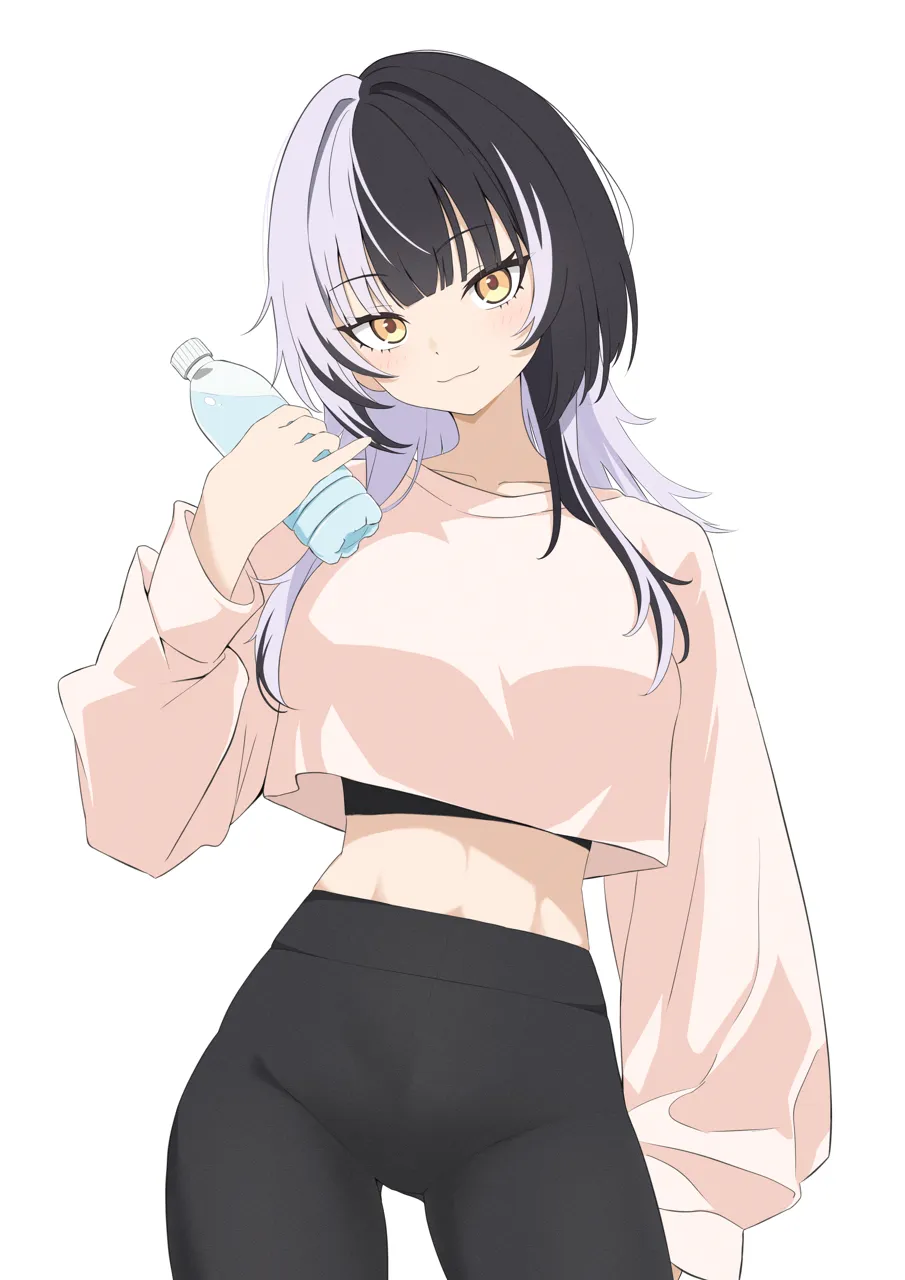 1girl alternate_costume black_hair black_pants bottle cropped_sweater grey_hair holding holding_bottle long_hair looking_at_viewer multicolored_hair pants pink_sweater simple_background solo split_color_hair sweater two_tone_hair virtual_youtuber water_bottle white_background yellow_eyes yoga_pants ogossi hololive hololive_english shiori_novella__hololive