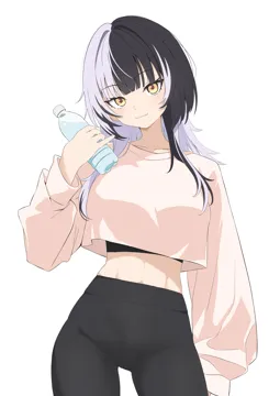 1girl alternate_costume black_hair black_pants bottle cropped_sweater grey_hair holding holding_bottle long_hair looking_at_viewer multicolored_hair pants pink_sweater simple_background solo split_color_hair sweater two_tone_hair virtual_youtuber water_bottle white_background yellow_eyes yoga_pants ogossi hololive hololive_english shiori_novella__hololive