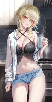 1girl aegyo_sal alternate_costume arm_at_side ass_visible_through_thighs babydoll blonde_hair blush breasts brick_wall cabinet cleavage contemporary criss_cross_halter cup curled_fingers dolphin_shorts electrical_outlet feather_hair_ornament feathers fingernails genshin_impact hair_between_eyes hair_ornament halterneck head_tilt holding holding_cup indoors kettle kitchen lingerie lumine__genshin_impact messy_hair navel off_shoulder open_clothes open_shirt oven panties panties_under_shorts panty_peek pottsness running_bond short_hair_with_long_locks short_shorts shorts side_slit side_slit_shorts sleeve_cuffs solo steam stomach thighs tied_drawstring twitter_username unbuttoned unbuttoned_shirt underwear yellow_eyes