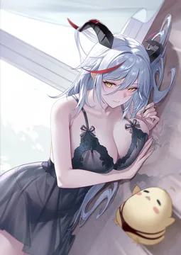 1girl aegir__azur_lane alternate_costume arm_under_breasts azur_lane black_dress black_panties breast_press breasts cleavage dragon_girl dragon_horns dress hand_up horns large_breasts long_hair lying manjuu__azur_lane multicolored_hair on_floor on_side panties red_hair reflection see_through_clothes see_through_dress slit_pupils smile solo streaked_hair two_tone_hair underwear very_long_hair white_hair yellow_eyes yin_lan_xue