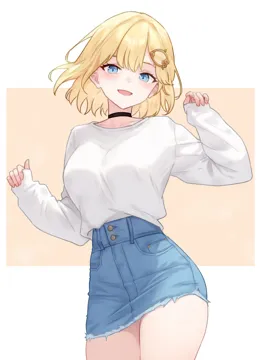1girl alternate_costume black_choker blonde_hair blue_eyes blue_skirt bluefield breasts choker cowboy_shot denim denim_skirt hair_ornament hands_up hololive hololive_english large_breasts long_sleeves looking_at_viewer monocle open_mouth puffy_long_sleeves puffy_sleeves shirt shirt_tucked_in short_hair simple_background skirt sleeves_past_wrists smile solo thighs two_tone_background virtual_youtuber watson_amelia white_background white_shirt yellow_background