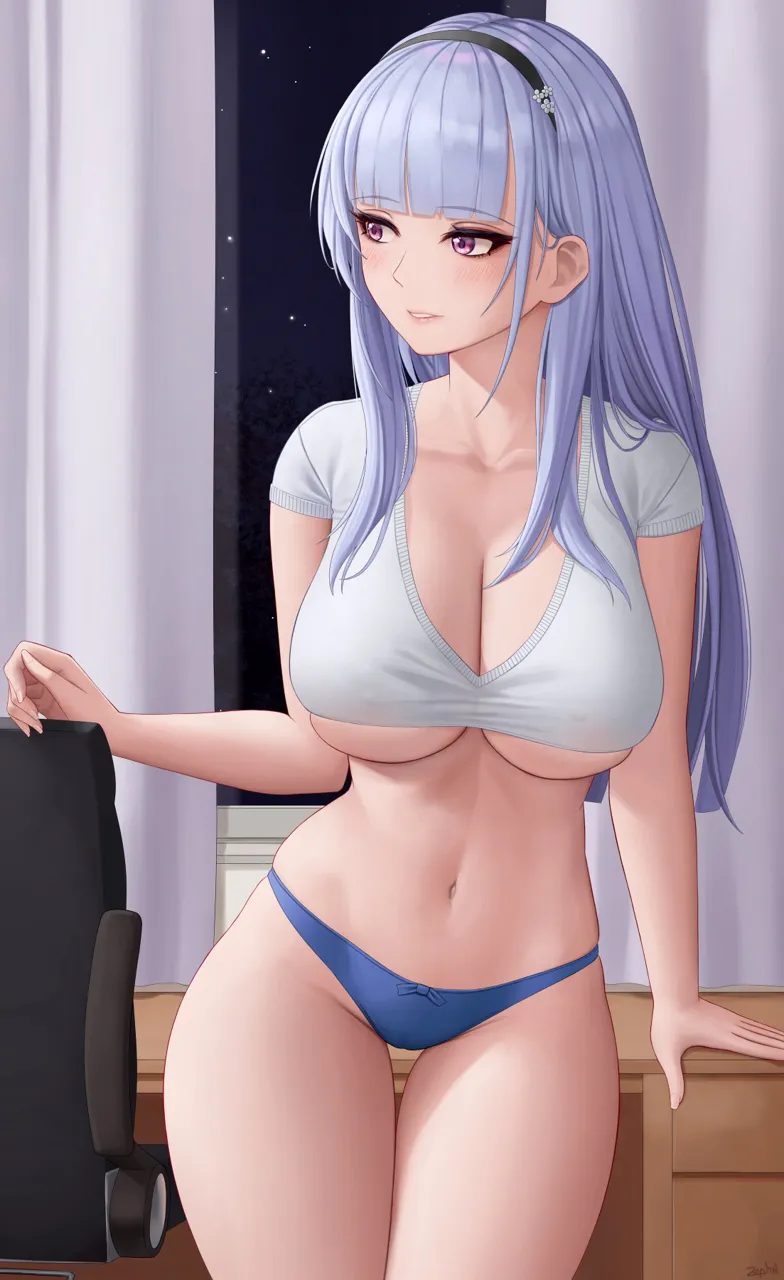 1girl azur_lane blue_panties blunt_bangs blush breasts cleavage collarbone covered_nipples crop_top dido__azur_lane grey_hair hairband large_breasts long_hair looking_to_the_side navel panties parted_lips purple_eyes shirt short_sleeves smile solo thighs underboob underwear white_shirt zaphn