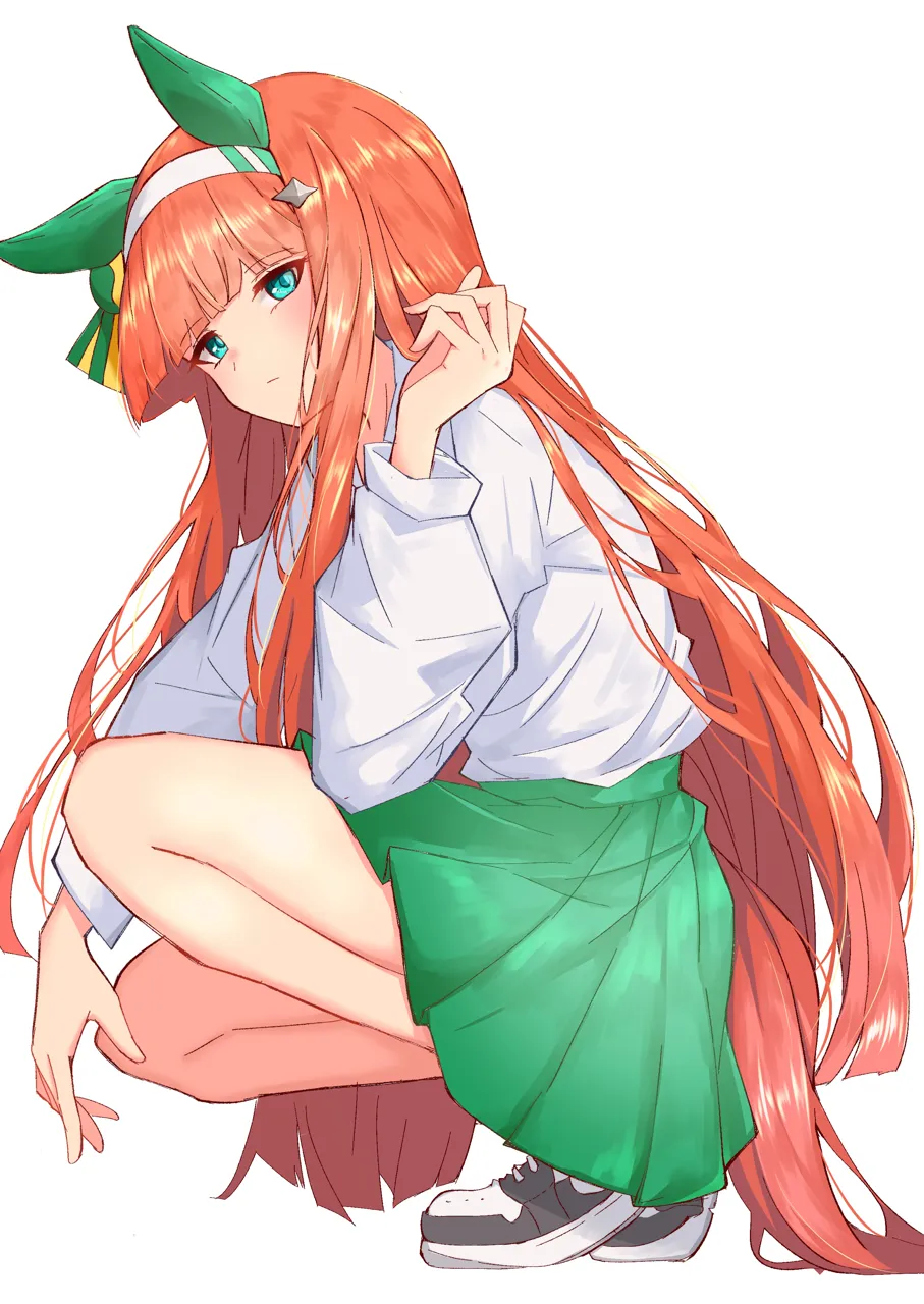 1girl animal_ears blue_eyes blunt_bangs closed_mouth ear_covers green_skirt hairband horse_ears horse_girl horse_tail long_hair long_sleeves looking_at_viewer orange_hair shirt shoes simple_background skirt sneakers solo squatting tail thighs white_background white_hairband white_shirt amaxa umamusume silence_suzuka__umamusume