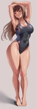 1girl armpits arms_behind_head artistic_error barefoot black_one_piece_swimsuit blush breasts brown_hair cleavage closed_mouth competition_swimsuit covered_navel extra_digits feet full_body goddess_of_victory__nikke highleg highleg_one_piece_swimsuit horai_sennkyo large_breasts legs long_hair one_piece_swimsuit orange_eyes presenting_armpit rapi__classic_vacation__nikke rapi__nikke solo standing swimsuit thighs tiptoes toenails toes