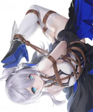 1girl arms_behind_back ass bare_shoulders bdsm blue_eyes bondage bound bound_ankles bound_arms bound_legs bound_thighs dress grey_hair hair_between_eyes hair_ornament hogtie long_hair looking_at_viewer navel restrained rope shibari shibari_over_clothes solo thighhighs upside_down white_background white_hair lin_jingling honkai__series honkai_impact_3rd theresa_apocalypse__honkai__series theresa_apocalypse__twilight_paladin__honkai__series