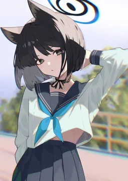 1girl animal_ears black_eyes black_hair black_sailor_collar black_skirt blue_halo blue_neckerchief cat_ears cat_tail closed_mouth halo long_sleeves looking_at_viewer multiple_tails neckerchief pleated_skirt sailor_collar school_uniform serafuku short_hair skirt solo tail two_tails hijo__nakare2845 blue_archive kikyou__blue_archive