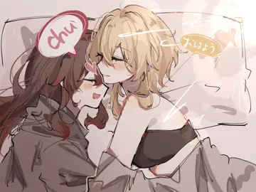2girls black_bra blonde_hair blush bra brown_hair closed_eyes closed_mouth from_above grey_hoodie hood hoodie kiss kissing_forehead long_hair lying multiple_girls on_bed on_side open_mouth pillow smile speech_bubble underwear yuri jako_gnsn genshin_impact hu_tao__genshin_impact lumine__genshin_impact