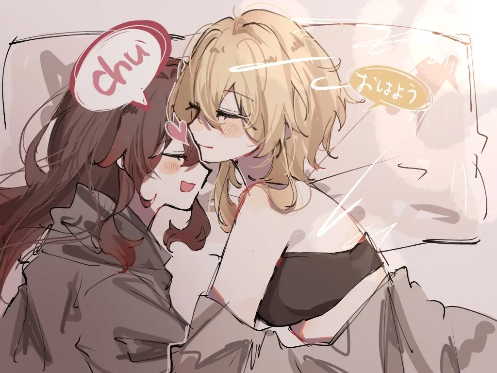 2girls black_bra blonde_hair blush bra brown_hair closed_eyes closed_mouth from_above grey_hoodie hood hoodie kiss kissing_forehead long_hair lying multiple_girls on_bed on_side open_mouth pillow smile speech_bubble underwear yuri jako_gnsn genshin_impact hu_tao__genshin_impact lumine__genshin_impact