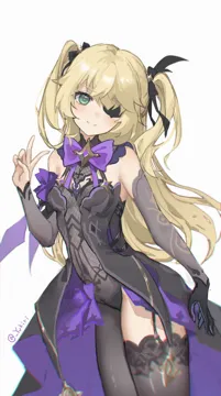 1girl bare_shoulders bat_ornament black_ribbon blonde_hair blush bodystocking bow bowtie breasts collar dress eyepatch garter_straps gloves green_eyes hair_over_one_eye hair_ribbon leotard long_hair looking_at_viewer medium_breasts purple_bow purple_bowtie purple_ribbon ribbon simple_background single_glove single_leg_pantyhose single_sleeve single_thighhigh sketch smile solo tailcoat thighhighs two_side_up yukiri__l_ii genshin_impact fischl__genshin_impact
