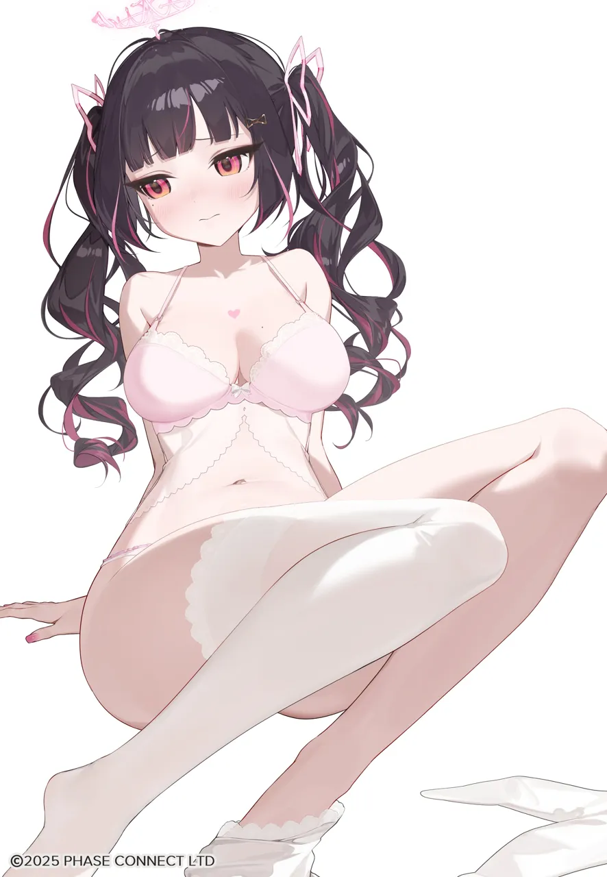 1girl black_hair blush bra breasts hair_ornament hair_ribbon heart heart_shaped_birthmark lingerie long_hair mole mole_on_breast mole_under_eye multicolored_hair pink_bra pink_eyes pink_hair ribbon single_thighhigh solo streaked_hair thighhighs twintails underwear virtual_youtuber monoco55 phase_connect himemiya_rie__phase_connect