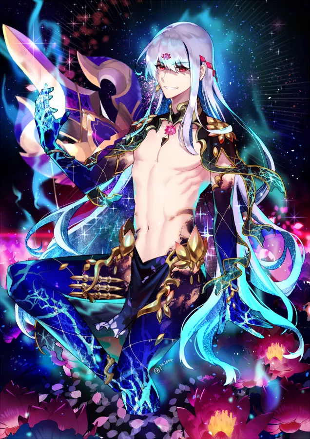 1boy bare_shoulders bishounen earrings evil_grin evil_smile genderswap genderswap__ftm glowing gradient_hair grey_hair grin jewelry long_hair looking_at_viewer male_focus multicolored_hair no_nipples pectorals pelvic_curtain recursive_genderswap red_eyes shaded_face smile solo sparkle twitter_username very_long_hair pin1004 fate_grand_order fate__series kama__fate kama__third_ascension__fate