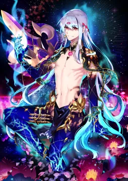 1boy bare_shoulders bishounen earrings evil_grin evil_smile genderswap genderswap__ftm glowing gradient_hair grey_hair grin jewelry long_hair looking_at_viewer male_focus multicolored_hair no_nipples pectorals pelvic_curtain recursive_genderswap red_eyes shaded_face smile solo sparkle twitter_username very_long_hair pin1004 fate_grand_order fate__series kama__fate kama__third_ascension__fate