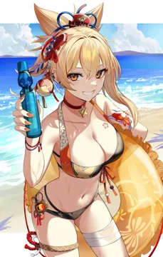 1girl alternate_costume bandaged_leg bandages bare_shoulders beach bikini black_bikini blonde_hair bottle breast_tattoo breasts choker cleavage collarbone cowboy_shot day ear_piercing genshin_impact grin hair_ornament halterneck hand_up holding holding_bottle innertube kanzashi long_hair looking_at_viewer medium_breasts multi_strapped_bikini orange_eyes outdoors outside_border piercing ponytail red_choker shoulder_tattoo smile solo standing string_bikini swim_ring swimsuit takehana_note tattoo thigh_strap thighs vision__genshin_impact water_bottle wet white_background yoimiya__genshin_impact