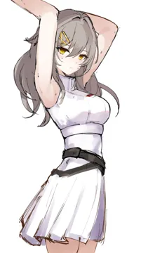 1girl alternate_costume armpits arms_up bare_arms bare_shoulders belt black_belt breasts cowboy_shot dress grey_hair hair_between_eyes hair_ornament hairclip large_breasts simple_background sleeveless sleeveless_dress solo standing white_background white_dress yellow_eyes mini2chainz honkai__star_rail honkai__series stelle__honkai__star_rail trailblazer__honkai__star_rail