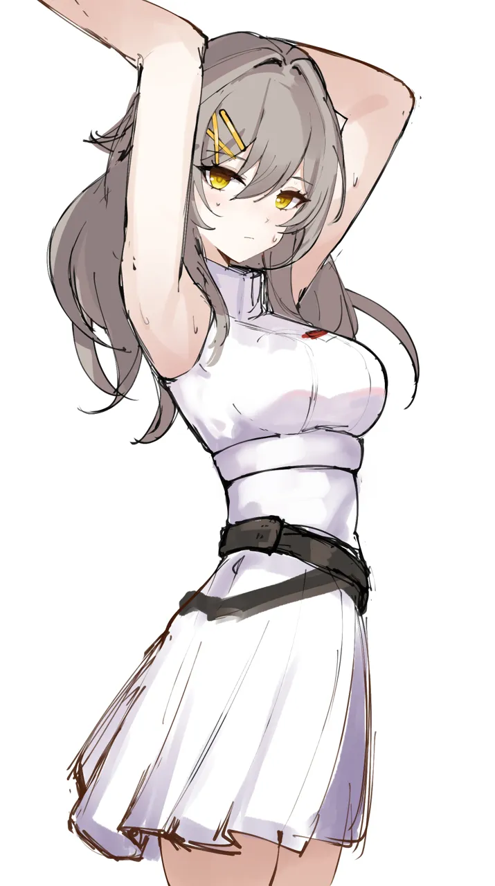 1girl alternate_costume armpits arms_up bare_arms bare_shoulders belt black_belt breasts cowboy_shot dress grey_hair hair_between_eyes hair_ornament hairclip large_breasts simple_background sleeveless sleeveless_dress solo standing white_background white_dress yellow_eyes mini2chainz honkai__star_rail honkai__series stelle__honkai__star_rail trailblazer__honkai__star_rail