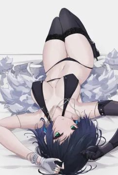 1girl alternate_costume armlet armpits arms_up asymmetrical_gloves asymmetrical_hair bare_arms bead_necklace beads bikini black_bikini black_footwear black_gloves black_nails black_thighhighs blue_hair blunt_bangs bracelet breasts coat covered_nipples dark_blue_hair diagonal_bangs earrings elbow_gloves feint721 fingerless_gloves from_above full_body fur_trim fur_trimmed_coat genshin_impact glint gloves green_eyes halterneck high_heels jewelry knees_up lace_trim lace_trimmed_legwear large_breasts legs_together looking_at_viewer looking_up lying mismatched_gloves mole mole_on_breast navel necklace on_back parted_lips short_hair sidelocks single_elbow_glove solo stomach swimsuit thigh_gap thighhighs thighs upside_down white_coat white_gloves yelan__genshin_impact