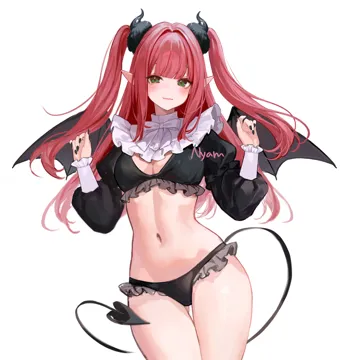 1girl black_nails black_panties black_shirt breasts cleavage cowboy_shot demon_girl demon_horns demon_tail demon_wings frilled_panties frills green_eyes hands_up horns juliet_sleeves long_hair long_sleeves looking_at_viewer medium_breasts nail_polish navel panties pointy_ears puffy_sleeves red_hair shirt simple_background smile solo stomach tail thighs two_side_up underwear white_background wings adelie_cat sono_bisque_doll_wa_koi_wo_suru kitagawa_marin__sono_bisque_doll_wa_koi_wo_suru rizu_kyun__sono_bisque_doll_wa_koi_wo_suru