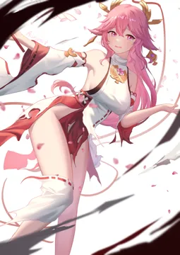 1girl animal_ears bare_legs bare_shoulders breasts detached_sleeves feet_out_of_frame fox_ears gohei hair_between_eyes large_breasts long_hair long_sleeves looking_at_viewer open_mouth pink_hair purple_eyes red_skirt shirt simple_background skirt sleeveless sleeveless_shirt solo tears thighs torn_clothes torn_skirt very_long_hair white_background white_shirt hnbsgy genshin_impact yae_miko__genshin_impact