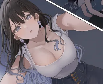 1boy 1girl black_hair black_shirt blue_eyes blue_hair blush breasts cleavage collarbone denim earrings floating_earring girl_on_top gradient_hair hamu__plot_sy hetero jeans jewelry large_breasts long_hair looking_at_viewer mole mole_under_eye multicolored_hair multiple_views open_mouth pants pov sasagawa_ayano shirt short_sleeves white_shirt youkya_na_kanojo_ha_kyorikan_ga_bugtteiru