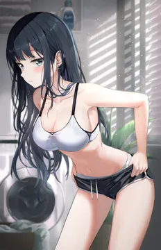 1girl armpits bare_arms bare_shoulders black_hair black_shorts blue_eyes bra breasts caba__caba091 cleavage closed_mouth collarbone cowboy_shot day dolphin_shorts drawstring earrings expressionless indoors jewelry large_breasts leaning_forward long_hair looking_at_viewer micro_shorts midriff mole mole_under_eye navel panties short_shorts shorts sidelocks solo standing stomach thighs underwear undressing washing_machine white_bra white_panties window_blinds