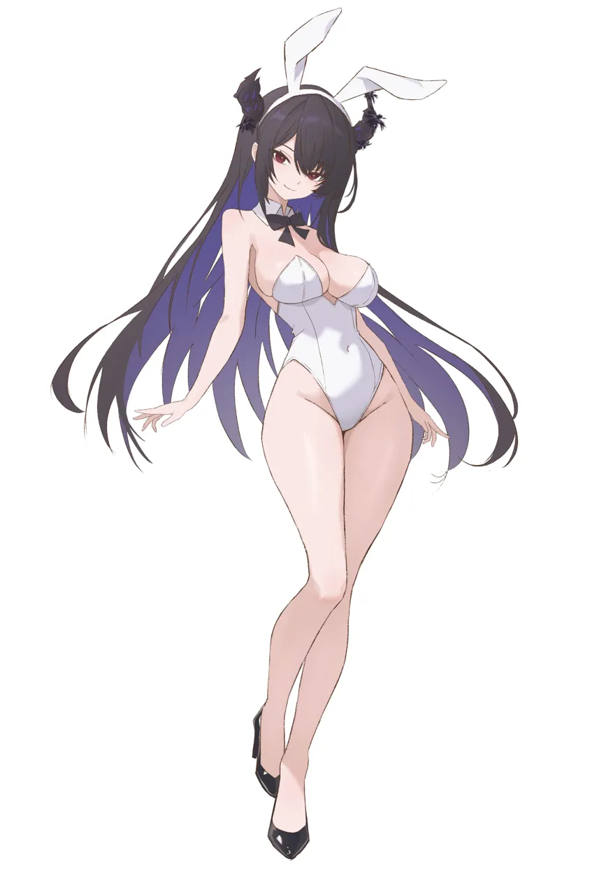 1girl alternate_costume animal_ears ass bare_arms bare_legs bare_shoulders black_bow black_bowtie blue_hair blunt_bangs bow bowtie breasts cleavage colored_inner_hair demon_horns detached_collar fake_animal_ears full_body high_heels horns huge_ass large_breasts leotard long_hair looking_at_viewer multicolored_hair neck_ribbon playboy_bunny rabbit_ears ribbon smile solo strapless strapless_leotard very_long_hair virtual_youtuber white_background ogossi hololive hololive_english nerissa_ravencroft__hololive