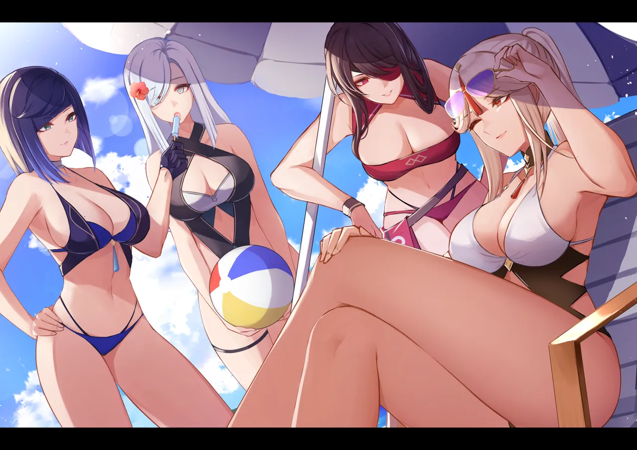4girls ball bare_arms bare_legs beach_chair beach_umbrella beachball beidou__genshin_impact bikini black_hair blonde_hair blue_bikini blue_eyes blue_sky bracelet breasts choker cleavage cloud crossed_legs day diagonal_bangs eyepatch eyewear_on_head flower food genshin_impact gloves green_eyes grin hair_flower hair_ornament hair_over_one_eye half_gloves halterneck hand_on_own_hip hibiscus holding holding_ball holding_beachball holding_food jewelry large_breasts leaning_forward letterboxed long_hair looking_at_another looking_at_viewer multiple_girls ningguang__genshin_impact one_eye_closed one_piece_swimsuit open_mouth outdoors pnatsu popsicle red_eyes red_flower shenhe__genshin_impact sitting sky smile standing swept_bangs swimsuit tassel tassel_hair_ornament thigh_strap umbrella white_hair yelan__genshin_impact