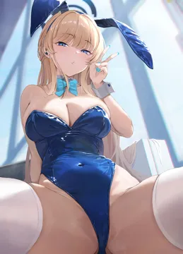 1girl animal_ears blonde_hair blue_archive blue_bow blue_eyes blue_halo blue_leotard blue_nails blush bow breasts cleavage crotch detached_collar fake_animal_ears fingernails halo highleg highleg_leotard leotard long_hair looking_at_viewer medium_breasts nail_polish official_alternate_costume parted_lips playboy_bunny rabbit_ears sashimi_nasu solo spread_legs strapless strapless_leotard thighhighs toki__blue_archive toki__bunny__blue_archive white_thighhighs wrist_cuffs