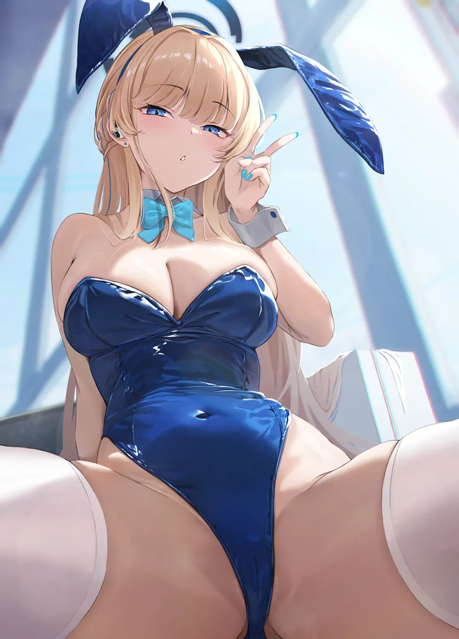 1girl animal_ears blonde_hair blue_archive blue_bow blue_eyes blue_halo blue_leotard blue_nails blush bow breasts cleavage crotch detached_collar fake_animal_ears fingernails halo highleg highleg_leotard leotard long_hair looking_at_viewer medium_breasts nail_polish official_alternate_costume parted_lips playboy_bunny rabbit_ears sashimi_nasu solo spread_legs strapless strapless_leotard thighhighs toki__blue_archive toki__bunny__blue_archive white_thighhighs wrist_cuffs