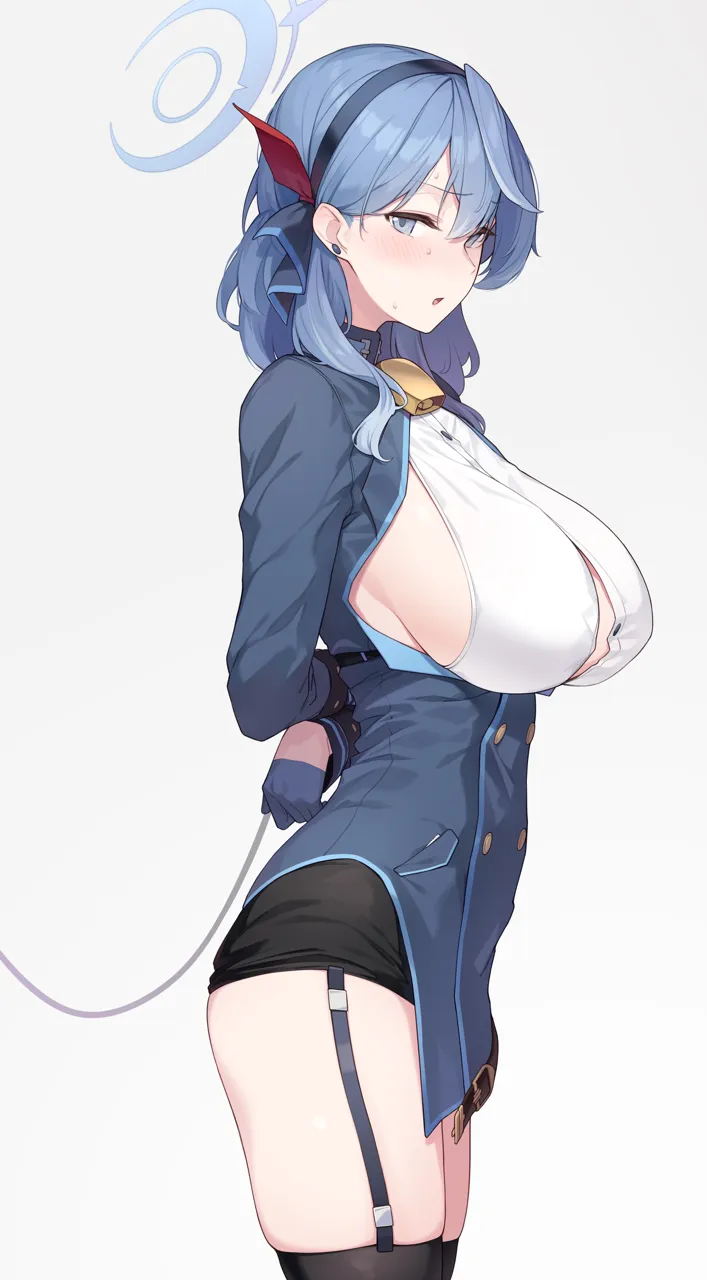 1girl ako__blue_archive arms_behind_back bell black_skirt black_thighhighs blue_archive blue_eyes blue_hair blue_jacket blush breasts collar enosan garter_straps gloves hair_between_eyes hairband half_gloves halo jacket large_breasts leash long_hair long_sleeves looking_at_viewer neck_bell sideboob sideless_outfit sideless_shirt skirt solo thighhighs thighs