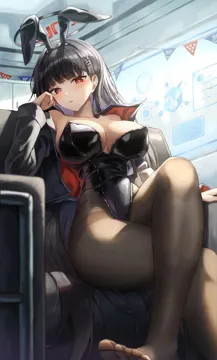 1girl alternate_costume animal_ears black_hair black_leotard black_pantyhose blue_archive blush breasts cleavage crossed_legs fake_animal_ears hair_ornament hairclip halo highleg highleg_leotard jacket large_breasts leotard long_hair looking_at_viewer no_shoes pantyhose playboy_bunny rabbit_ears red_eyes rio__blue_archive sitting slime_nyang solo strapless strapless_leotard