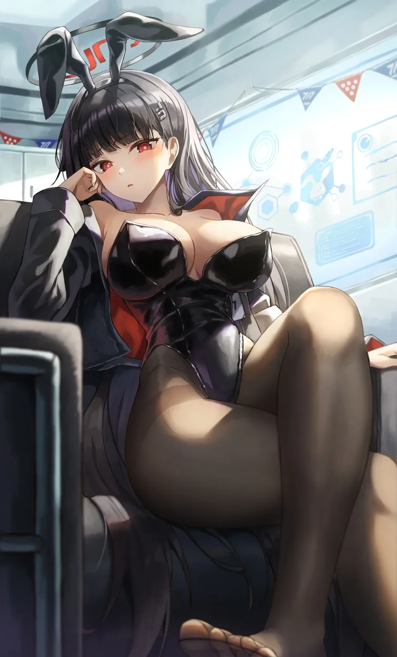 1girl alternate_costume animal_ears black_hair black_leotard black_pantyhose blue_archive blush breasts cleavage crossed_legs fake_animal_ears hair_ornament hairclip halo highleg highleg_leotard jacket large_breasts leotard long_hair looking_at_viewer no_shoes pantyhose playboy_bunny rabbit_ears red_eyes rio__blue_archive sitting slime_nyang solo strapless strapless_leotard