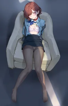 1girl arms_behind_back black_skirt blush bra breasts brown_hair cleavage closed_mouth clothes_lift collar collared_shirt feet hair_over_one_eye lanyard legs looking_at_viewer medium_breasts no_shoes office_lady open_clothes open_shirt panties panties_under_pantyhose pantyhose pencil_skirt red_collar see_through_clothes see_through_legwear shirt short_hair skirt skirt_lift solo swept_bangs thighs toes underwear yd__orange_maru idolmaster idolmaster_shiny_colors higuchi_madoka