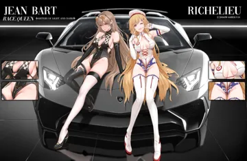 2girls alternate_breast_size alternate_costume arm_support arm_up armpit_crease armpits artist_name asymmetrical_legwear azur_lane bare_shoulders bikini bikini_top_only bikini_under_clothes black_bikini black_bridal_gauntlets black_footwear black_leotard black_thighhighs blonde_hair boots breasts bridal_gauntlets brown_hair car center_opening character_name checkered_clothes checkered_leotard cleavage copyright_name country_connection cross_laced_clothes cross_laced_leotard detached_sleeves dishwasher1910 elbow_gloves eyewear_on_head french_flag gloves groin hair_spread_out high_heels highleg highleg_leotard index_finger_raised jean_bart__azur_lane knee_up lamborghini lamborghini_aventador lamborghini_aventador_sv large_breasts leotard long_hair long_legs looking_at_viewer manjuu__azur_lane mismatched_legwear motor_vehicle multiple_girls navel on_car one_eye_closed open_mouth pink_eyes race_queen revealing_clothes richelieu__azur_lane semi_rimless_eyewear skindentation smile sports_car sunglasses swimsuit thigh_boots thighhighs thighs very_long_hair white_headwear white_leotard white_thighhighs zipper zipper_legwear zipper_pull_tab