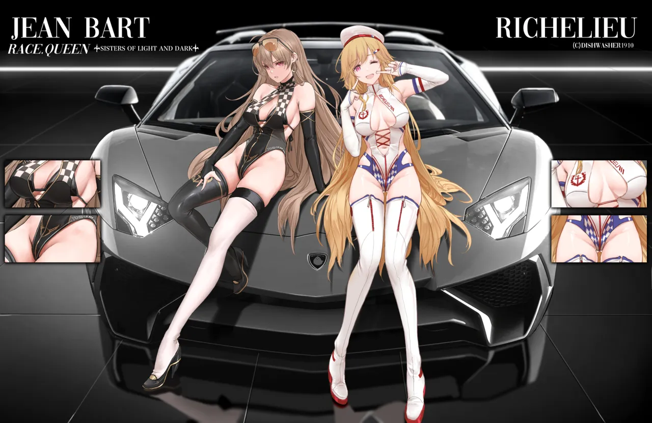 2girls alternate_breast_size alternate_costume arm_support arm_up armpit_crease armpits artist_name asymmetrical_legwear azur_lane bare_shoulders bikini bikini_top_only bikini_under_clothes black_bikini black_bridal_gauntlets black_footwear black_leotard black_thighhighs blonde_hair boots breasts bridal_gauntlets brown_hair car center_opening character_name checkered_clothes checkered_leotard cleavage copyright_name country_connection cross_laced_clothes cross_laced_leotard detached_sleeves dishwasher1910 elbow_gloves eyewear_on_head french_flag gloves groin hair_spread_out high_heels highleg highleg_leotard index_finger_raised jean_bart__azur_lane knee_up lamborghini lamborghini_aventador lamborghini_aventador_sv large_breasts leotard long_hair long_legs looking_at_viewer manjuu__azur_lane mismatched_legwear motor_vehicle multiple_girls navel on_car one_eye_closed open_mouth pink_eyes race_queen revealing_clothes richelieu__azur_lane semi_rimless_eyewear skindentation smile sports_car sunglasses swimsuit thigh_boots thighhighs thighs very_long_hair white_headwear white_leotard white_thighhighs zipper zipper_legwear zipper_pull_tab