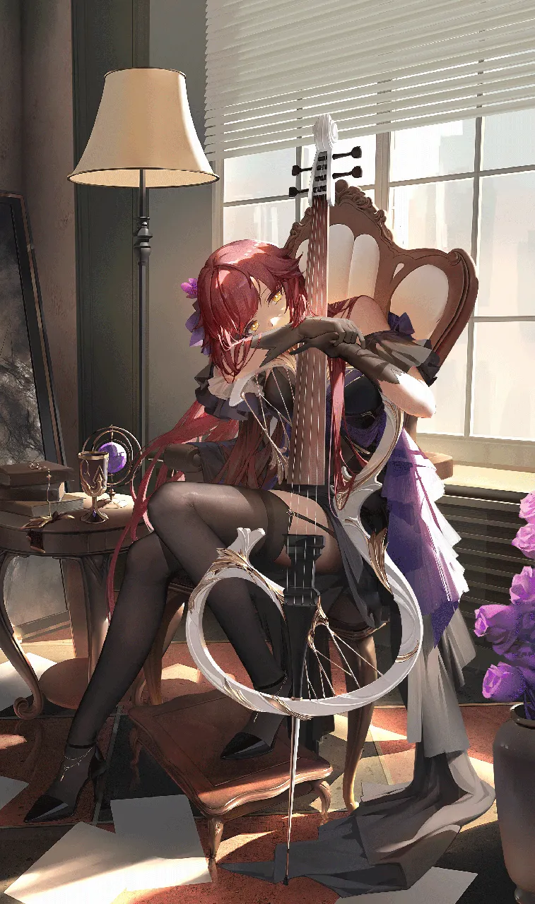 1girl bare_shoulders black_gloves black_shoes black_thighhighs book cello chair curtains dress electric_cello flower full_body garter_straps gloves high_heels holding holding_instrument indoors instrument lamp long_hair looking_at_viewer pink_flower pink_rose purple_dress purple_hair rose shoes sitting solo table thighhighs window yellow_eyes ribao honkai__series honkai_impact_3rd eden__honkai_impact