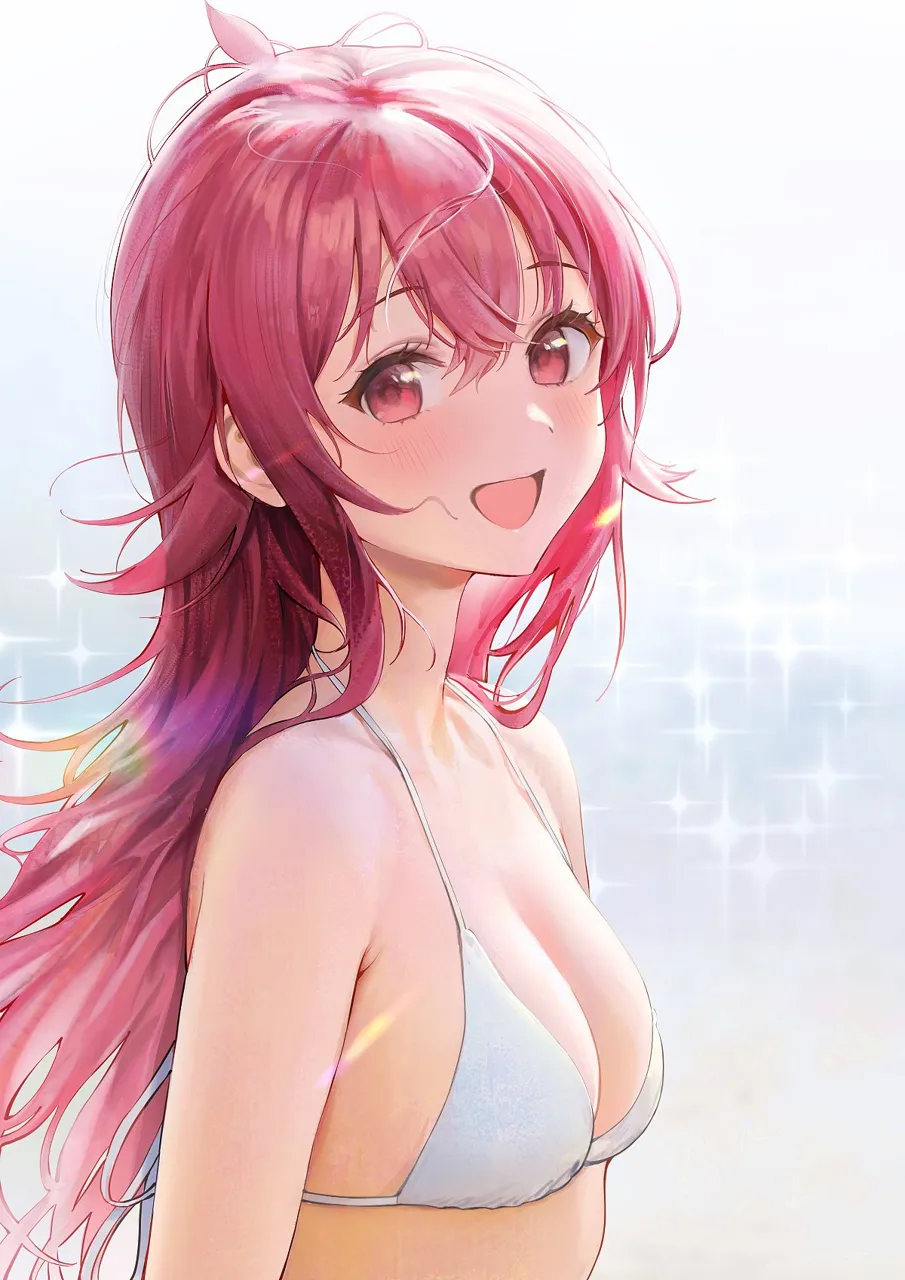 1girl ahoge ame__uten_cancel armpit_crease bare_shoulders bikini blush breasts cleavage diffraction_spikes from_side hair_between_eyes halterneck idolmaster idolmaster_shiny_colors komiya_kaho lens_flare long_hair looking_at_viewer looking_to_the_side medium_breasts open_mouth red_eyes red_hair sidelocks smile solo strap_gap string_bikini swimsuit upper_body white_bikini