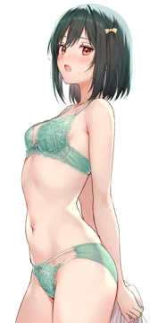 1girl arms_behind_back black_hair bow bra breasts brown_eyes cleavage fang green_hair hair_bow holding holding_towel looking_at_viewer love_live love_live__nijigasaki_high_school_idol_club mifune_shioriko navel open_mouth sankuro__agoitei simple_background small_breasts solo standing sweat towel underwear underwear_only white_background yellow_bow