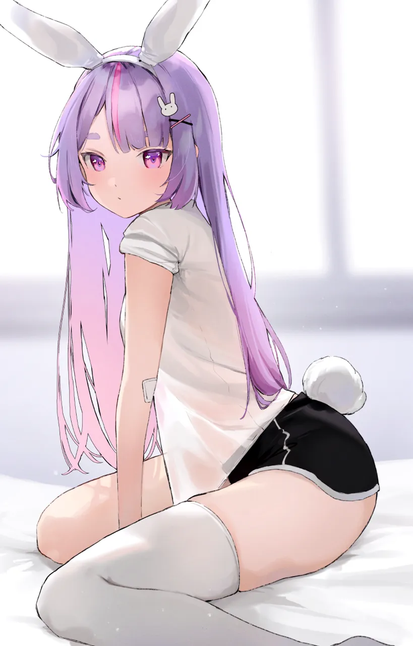 1girl alternate_costume animal_ear_hairband animal_ears arm_support bandaid bandaid_on_arm bare_arms black_shorts blurry blurry_background blush breasts closed_mouth day depth_of_field dolphin_shorts dot_mouth dot_nose fake_animal_ears fake_tail from_side hair_ornament hairband long_hair looking_at_viewer micro_shorts multicolored_hair on_bed parted_bangs pink_eyes pink_hair purple_hair rabbit_ear_hairband rabbit_ears rabbit_hair_ornament rabbit_tail see_through_clothes see_through_shirt shirt short_eyebrows short_sleeves shorts sidelocks single_hair_streak single_thighhigh sitting small_breasts solo streaked_hair t_shirt tail thick_eyebrows thighhighs turning_head very_long_hair virtual_youtuber wariza white_shirt white_thighhighs window x_hair_ornament nakony vspo tosaki_mimi__vspo
