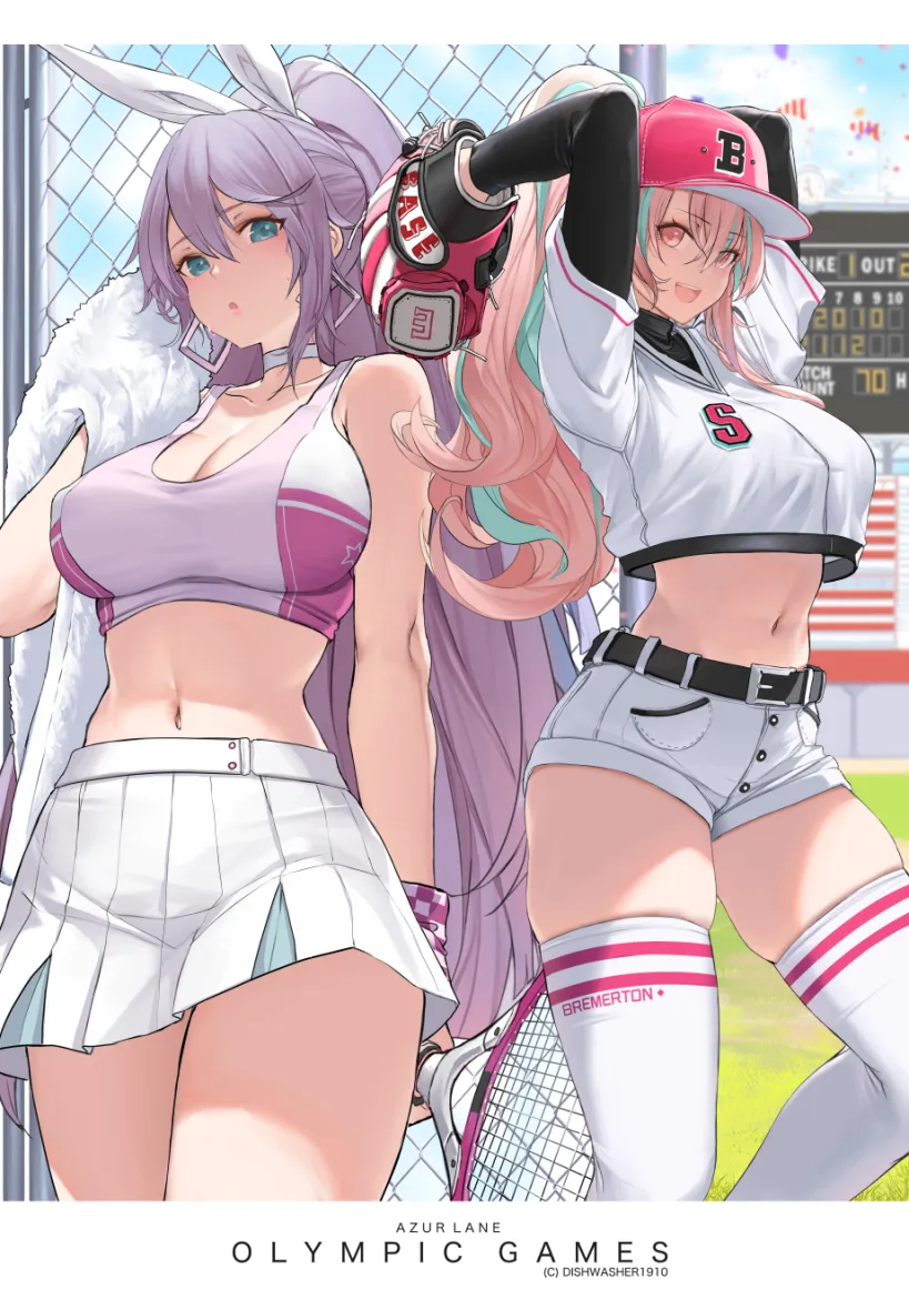 _o 2girls adapted_costume aqua_eyes arms_behind_head arms_up azur_lane bare_arms bare_shoulders baseball_cap baseball_mitt belt blurry breasts bremerton__azur_lane bremerton__azur_lane__cosplay bremerton__scorching_hot_training__azur_lane chain_link_fence choker cleavage collarbone cosplay costume_switch crop_top crop_top_overhang cropped_shirt depth_of_field dishwasher1910 earrings fence hair_ribbon hat holding intrepid__azur_lane intrepid__azur_lane__cosplay intrepid__one_intrepid_pitch__azur_lane jewelry large_breasts layered_sleeves long_hair long_sleeves looking_at_viewer midriff miniskirt multicolored_hair multiple_girls navel olympics open_mouth parted_lips pink_eyes pink_hair playing_sports pleated_skirt ponytail purple_hair racket ribbon shirt short_over_long_sleeves short_shorts short_sleeves shorts skindentation skirt sleeveless sleeveless_shirt smile sportswear stomach sweat sweatband tennis_racket tennis_uniform thighhighs thighs towel two_tone_hair undershirt very_long_hair white_shirt white_shorts white_skirt white_thighhighs