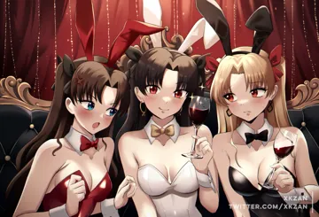 3girls _p alcohol alternate_costume animal_ears bare_shoulders black_bow black_bowtie black_hair black_hairband black_leotard black_ribbon blonde_hair blue_eyes blush bow bowtie breasts brown_hair cleavage collar collarbone couch cup curtains detached_collar detached_sleeves drink drinking_glass earrings eyelashes fake_animal_ears gold gold_earrings hair_intakes hair_ornament hair_ribbon hairband holding hoop_earrings indoors jewelry leotard light long_hair looking_at_another medium_breasts multiple_girls off_shoulder on_couch open_mouth parted_bangs playboy_bunny rabbit_ears red_bow red_bowtie red_eyes red_hairband red_leotard red_pupils red_ribbon red_wine ribbon shiny_clothes shiny_skin siblings sisters sitting sparkle straight_hair tongue tongue_out traditional_bowtie twintails twitter_username two_side_up white_hairband white_leotard wine wine_glass wing_collar wrist_cuffs yellow_bow yellow_bowtie xkzan fate_grand_order fate_stay_night fate__series ereshkigal__fate ishtar__fate tohsaka_rin