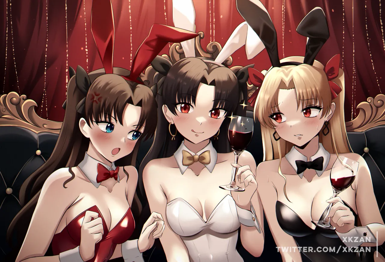 3girls _p alcohol alternate_costume animal_ears bare_shoulders black_bow black_bowtie black_hair black_hairband black_leotard black_ribbon blonde_hair blue_eyes blush bow bowtie breasts brown_hair cleavage collar collarbone couch cup curtains detached_collar detached_sleeves drink drinking_glass earrings eyelashes fake_animal_ears gold gold_earrings hair_intakes hair_ornament hair_ribbon hairband holding hoop_earrings indoors jewelry leotard light long_hair looking_at_another medium_breasts multiple_girls off_shoulder on_couch open_mouth parted_bangs playboy_bunny rabbit_ears red_bow red_bowtie red_eyes red_hairband red_leotard red_pupils red_ribbon red_wine ribbon shiny_clothes shiny_skin siblings sisters sitting sparkle straight_hair tongue tongue_out traditional_bowtie twintails twitter_username two_side_up white_hairband white_leotard wine wine_glass wing_collar wrist_cuffs yellow_bow yellow_bowtie xkzan fate_grand_order fate_stay_night fate__series ereshkigal__fate ishtar__fate tohsaka_rin