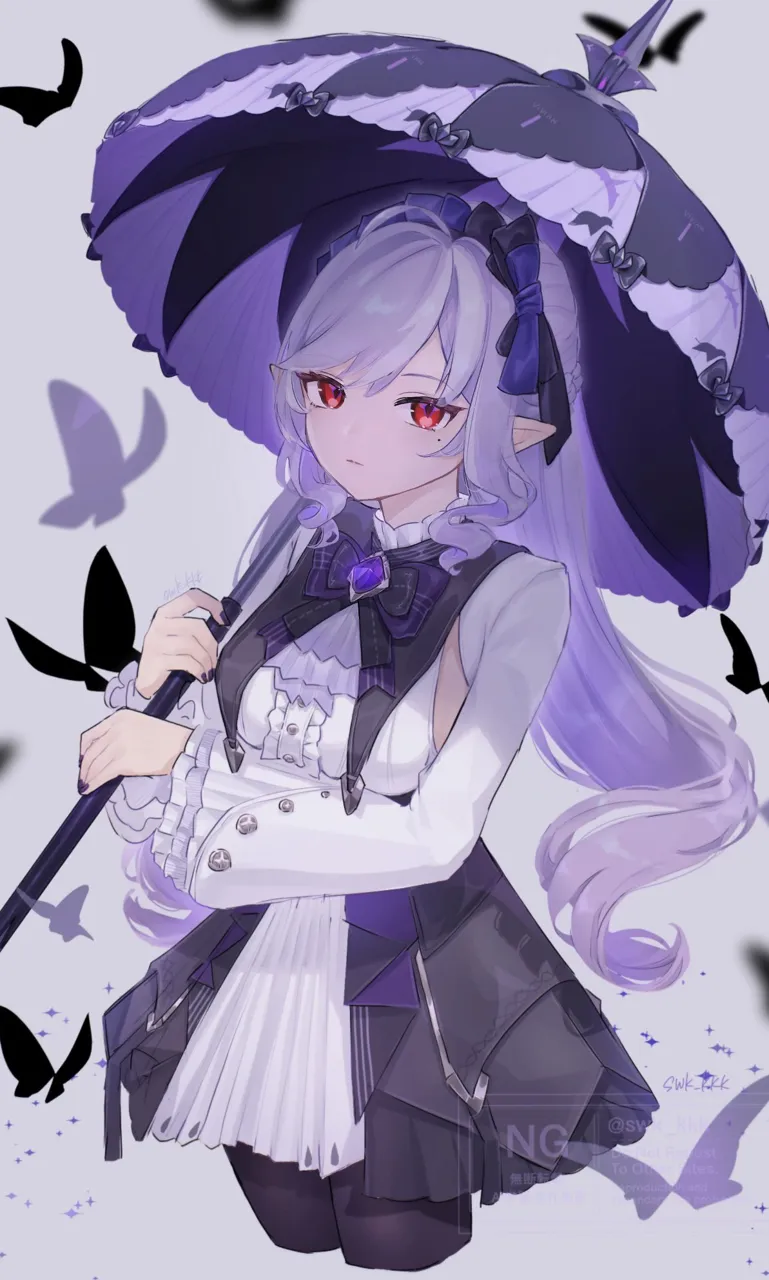 1girl ahoge bow breasts bug butterfly center_frills expressionless frills gem hairband holding holding_umbrella long_hair long_sleeves looking_at_viewer mole mole_under_eye pointy_ears purple_background purple_bow purple_gemstone purple_hair red_eyes sideboob simple_background solo umbrella suwa__swk_kkk zenless_zone_zero vivian__zenless_zone_zero