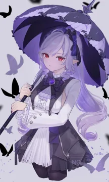 1girl ahoge bow breasts bug butterfly center_frills expressionless frills gem hairband holding holding_umbrella long_hair long_sleeves looking_at_viewer mole mole_under_eye pointy_ears purple_background purple_bow purple_gemstone purple_hair red_eyes sideboob simple_background solo umbrella suwa__swk_kkk zenless_zone_zero vivian__zenless_zone_zero