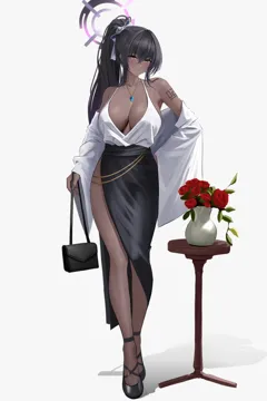 1girl alternate_costume arm_tattoo bag black_hair black_skirt blue_archive blush breasts cleavage collarbone dark_skin dark_skinned_female dress flower full_body halo handbag high_heels high_ponytail jewelry karin__blue_archive large_breasts long_hair looking_at_viewer necklace number_tattoo ponytail red_flower red_rose rose shoulder_tattoo side_slit skirt smitcuk solo tattoo vase white_background yellow_eyes