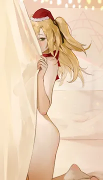 1girl barefoot behind_curtains black_ribbon blonde_hair blush breasts choker christmas christmas_lights completely_nude covered_mouth curtain_grab curtains eyepatch feet fur_trimmed_headwear fur_trim green_eyes hair_ribbon hat kneeling long_hair looking_at_viewer medium_breasts nude red_choker red_hat red_ribbon ribbon santa_hat see_through_clothes see_through_silhouette solo thighs two_side_up midfinger genshin_impact fischl__genshin_impact