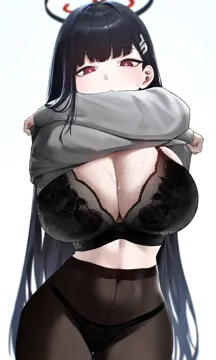 1girl black_bra black_hair black_panties blue_archive blush bra breasts bright_pupils brown_pantyhose cleavage clothes_lift covered_navel grey_sweater hair_ornament hairclip halo high_waist_pantyhose kazane_wind large_breasts long_hair long_sleeves looking_at_viewer panties panties_under_pantyhose pantyhose pink_pupils red_eyes rio__blue_archive solo sweat sweater underwear very_long_hair