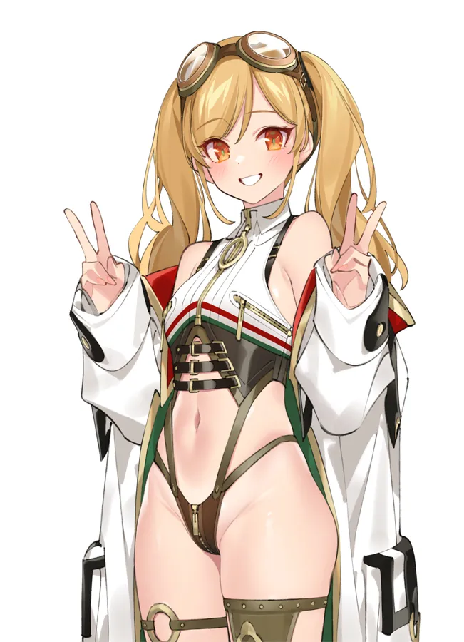 1girl azur_lane bare_shoulders belt_buckle blonde_hair breast_zipper breasts buckle coat collared_shirt cowboy_shot crop_top crotch_zipper double_v eyewear_on_head goggles goggles_on_head leonardo_da_vinci__azur_lane long_hair looking_at_viewer navel o_ring o_ring_thigh_strap off_shoulder one_piece_swimsuit open_clothes open_coat popqn shirt simple_background sleeveless sleeveless_shirt small_breasts smile solo standing stomach swimsuit thigh_strap thighs twintails white_background white_coat white_shirt zipper zipper_pull_tab